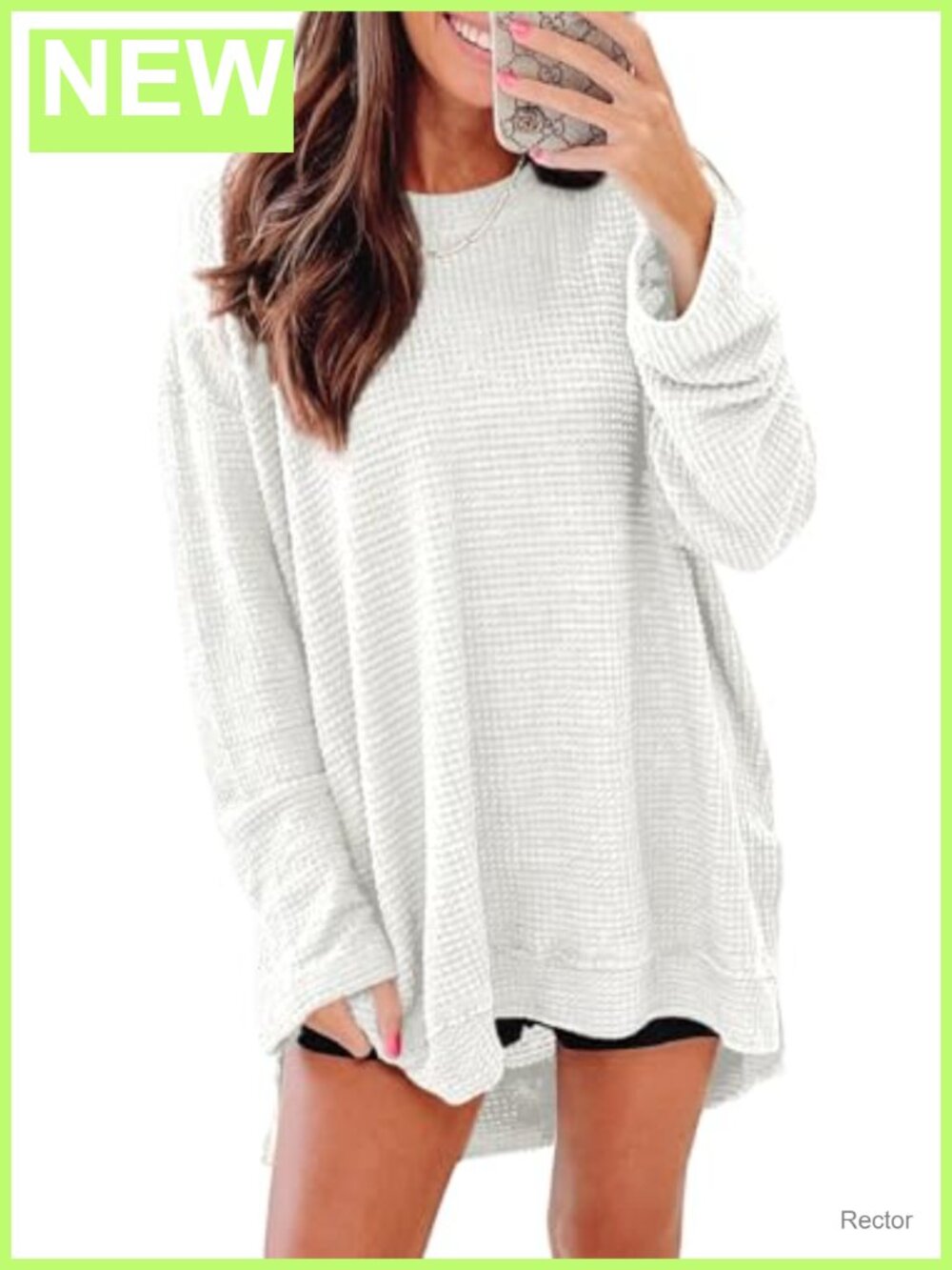 Waffle Knit Oversized Crewneck Long Sleeve Tunic Top